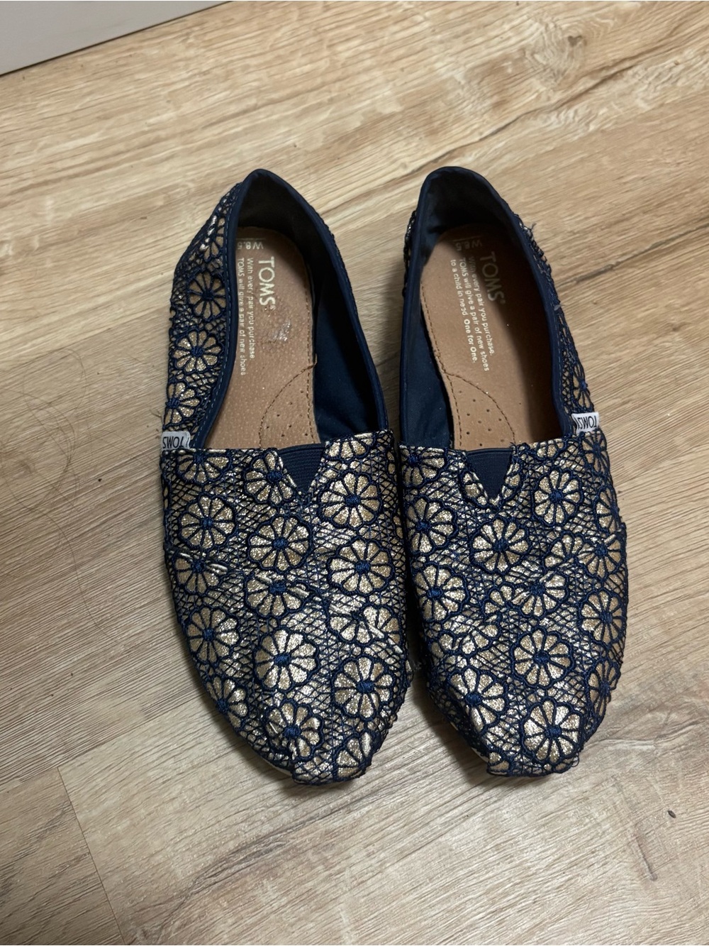 TOMS Navy Crochet Flats with Gold Metallic Underlay